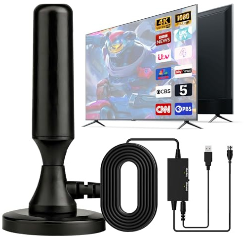 DVB-T2 Antenna, DVB-T2 Indoor Antenna for TVs, DVB-T2 Antenna Suitable for Local Channels, 360° All-Round Reception, Supports 4K/1080p HD Digital Channels, with Magnetic Base, 2.5 m Cable