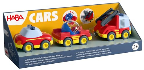 HABA Cars Feuerwehr-Spielset: 3 Spielzeugautos mit Schwungmotor ab 2 Jahren | Feuerwehr-Spielzeug aus Recycling-Kunststoff mit Leiter, ohne Batterien für die Rennstrecke im Kinderzimmer