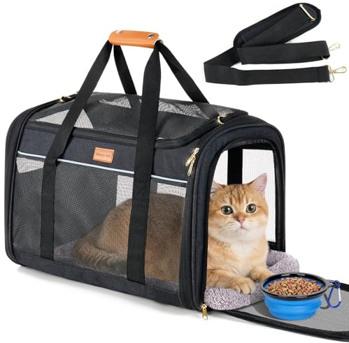 Morpilot Katzentransportbox für große Katzen & Welpen bis 12 kg, Transportbox Katze mit 4-seitigem Mesh, atmungsaktiv Hundebox mit doppelseitiger weicher Unterlage klappbarem Napf, 51x33x33cm, Grau