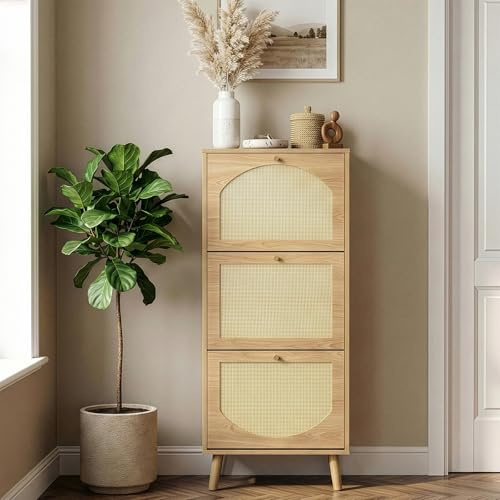 Bonnlo Tall Rattan Shoe Storage Cabinet, 3 Flip Bins Shoe Cabinet, Narrow Slim Shoe Cabinet for Small Spaces, Adjustable Shelves (Natural Wood)