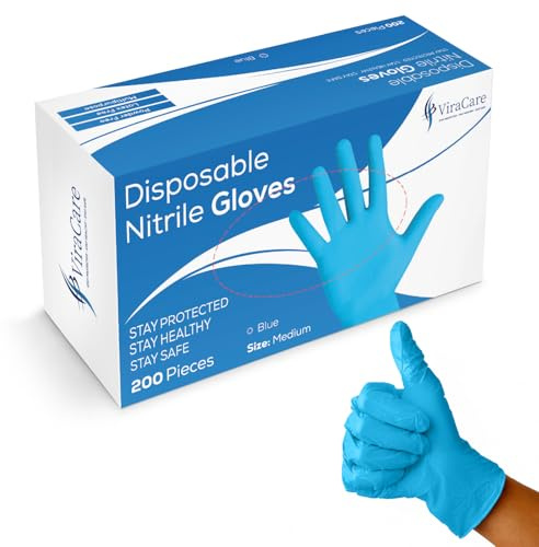 ViraCare 200 x Blue Nitrile Gloves Medium, Latex Free, Powder Free | Strong, Non-Sterile, Blue Gloves Disposable, 1 Pack of 200