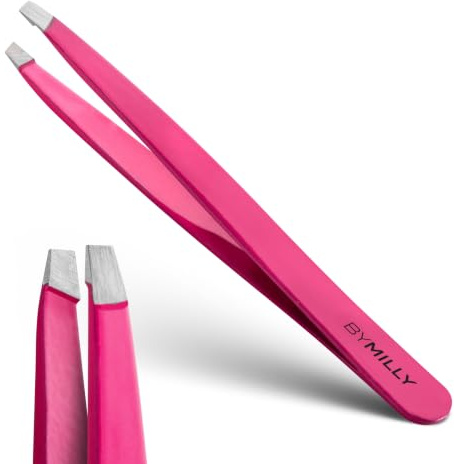 By MILLY Slanted Tweezers - High Carbon Stainless Steel - Hand-Filed and Perfectly Aligned Precision Slant Tips - Pink
