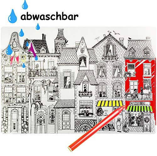 alles-meine.de GmbH zum Ausmalen - große XL - Unterlage/Schreibtischunterlage - Wimmelbild - Stadt Haus - 68 cm * 48 cm - Tischunterlage/Knetunterlage/Bastelunterlage - bem..