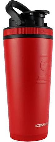 Ice Shaker Isolierte Edelstahl-Shaker-Flasche, 750 ml, Rot/Schwarz, kalt für 30+ Stunden, isolierter Becher mit Twist-on-Rührwerk, geruchsfreie Flasche für Protein-Shakes, Wasser, Smoothies, Cocktails