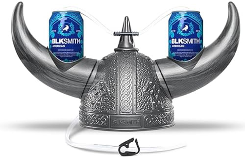 BLKSMITH Viking Drinking Helmet with Straws – Funny Beer Hat Holds 2 Cans – Adjustable Novelty Drinking Helmet Fits 16–24 Head – Gag Gift for Men, Dad, Husband, Bachelor Party, Tailgating - (Silver)