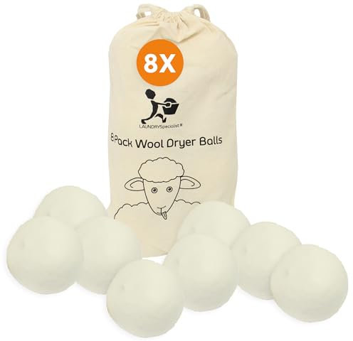 Laundryspecialist Lot de 8 balles de séchage en laine naturelle - Boules réutilisables, économisant l'énergie et adoucissant les tissus - Taille XL