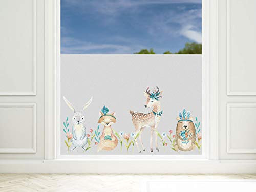 Sichtschutzfolie Kinderzimmer Junge Dinos, Fensterfolie Blickdicht, Milchglasfolie (Waldtiere in türkis, 110x57cm)