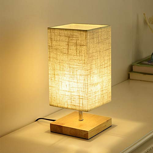 Mengjay Nachttischlampe, E27, mit Holzsockel, quadratisch, Lampenschirm aus Stoff, Nachttischlampe, rechteckig, schönes Licht, für Schlafzimmer, Wohnzimmer, Hotel, Café