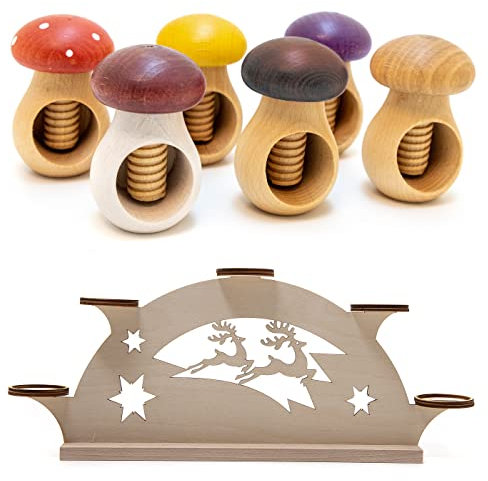 Holzfee Nussknacker Pilz Set 6-teilg + Teelichthalter Pyramide