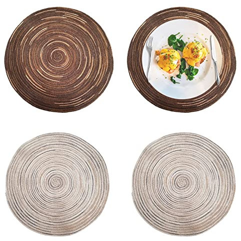 4 Stück Rund Platzsets Abwaschbar, Rund Gewebte Tischsets, rutschfest Hitzebeständig Waschbar Platzsets, für Esstisch, Bar, Wohnzimmer (Kaffeefarbe, Grau)
