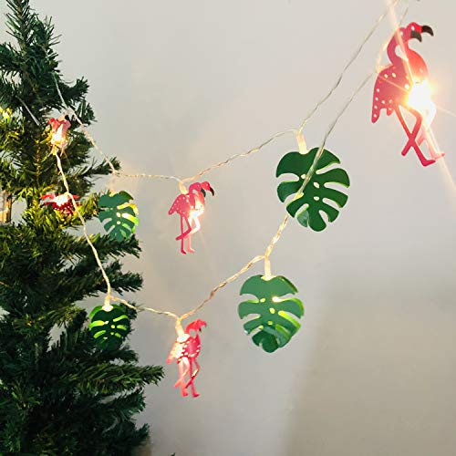 Riaxuebiy Tropisches Thema Metall Flamingo Lichterketten Grüne Blätter Kupferdraht Lichter 10 LED Lichterketten für Garten Wohnheim Schlafzimmer Hochzeit Strand Dekor (Blätter+Flamingo, 1.65m/10LED)