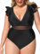 CUPSHE Damen Große Größen Badeanzug V Ausschnitt Volantsärmel Mesh Sheer Einteilige Plus Size Bademode Swimsuit Schwarz XXL