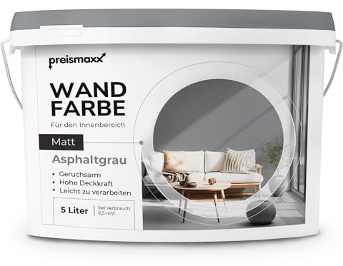 Preismaxx Wandfarbe Grau Asphaltgrau hohe Deckkraft matt hochdeckend 5l | Für Wände, Decken, Putz, Tapete & Altanstriche, geruchsarm, tropfgehemmt, Renovierung & Neuanstrich