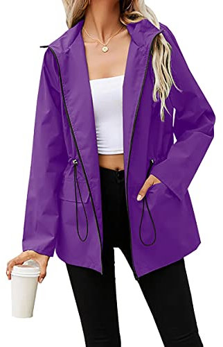 PESION Damen Regenmantel Wasserdicht Leichte Regenjacke Kapuze Windbreaker mit Tasche für Outdoor, 02-lila, 3XL
