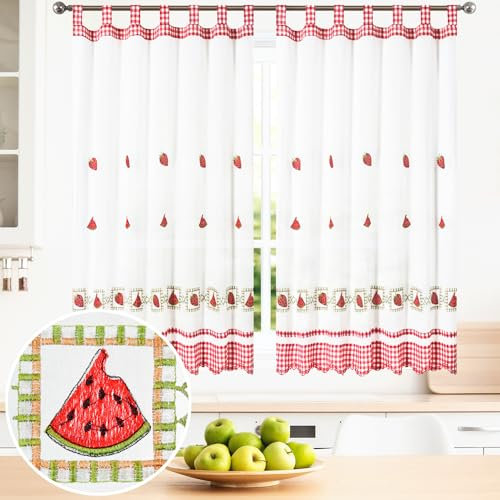 BOD HOME, 2 Piezas, Cortinas Blancas Translúcidas con Trabillas. Cortinas para Cocina, Diseños de Frutas y Tazas con Acabado de Color. Cortina Media Altura Hecha de Poliéster, 100x150cm (AnchoxAlto)