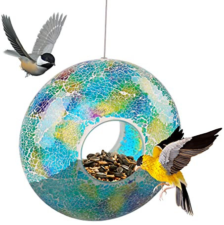 Vogelfutterstation, Wildvogel-Futterspender für draußen, hängende Vogelfutterstation, kreisförmiges Mosaik-Glas-Vogelfutterspender, 22.9 cm Kreis, grün und blau