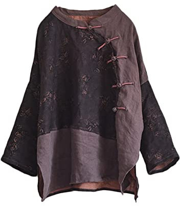 NFYM Chemise en lin à manches 3/4 pour femme Motif grenouille traditionnelle chinoise, noir, Taille Unique