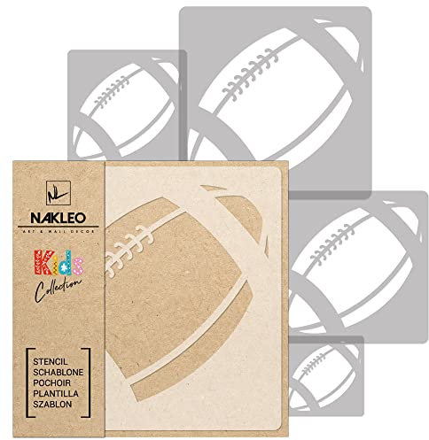 NAKLEO Schablonen Malen für Kinderzimmer, 5 Stück Set 9x9 bis 34x34cm Rugby Ball Fußball, Wiederverwendbare Kunststoff Malvorlage Raumdekoration, Basteln DIY Wand Möbel Papier Stoff