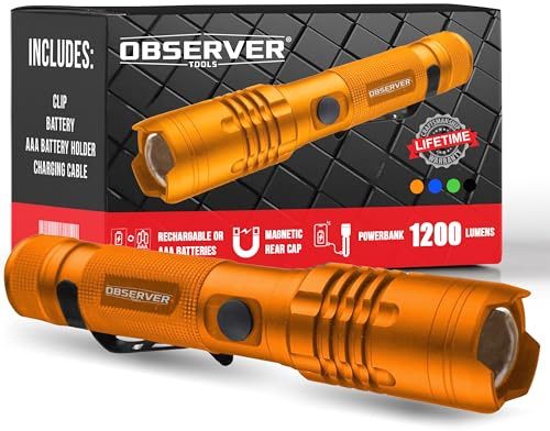 Observer Tools High Lumen Utility Flashlight, Rear Magnet, LED, Rechargeable, Powerbank for Phone, AAA Adapter - Tactical, Military, Police, 1200 Super Bright Lumens