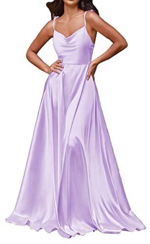 Vestidos De Dama De Honor Satén Fuera Del Hombro Sin Mangas Cuello Barco Largo De La Dama De Honor Vestidos Una Línea, Lila, 34