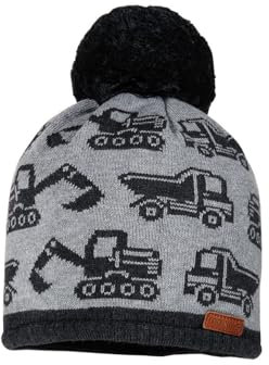 maximo MINI Boy-Mütze randlos, Pompon Baufahrzeuge Allover, Jerseyfutter Made in Germany