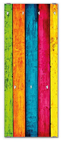 banjado® Wandgarderobe aus Echtglas/Design Garderobe 50 x 125 cm groß/Flurgarderobe mit 7 Haken/Beschreibbares Garderobenpaneel Motiv Bunte Holzlatten