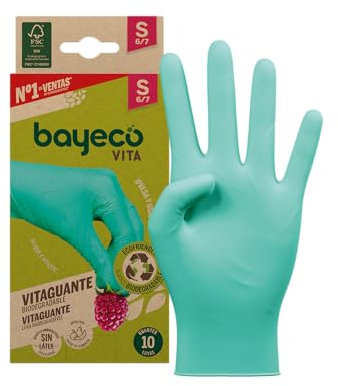 Bayeco Vitagant Lot de 10 gants jetables biodégradables en nitrile Vert Taille S 100% durables Sans poudre et sans latex Texturés sur les doigts pour une meilleure prise en main