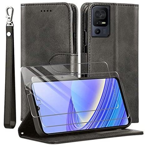 MQERYBV Custodia Cover per TCL 40 SE,con Protettiva in Vetro Temperato TPU Antiurto PU Pelle Premium Portafoglio Supporto Stand Carta Fessura Magnetica Custodie di Pelle Flip Case Nero