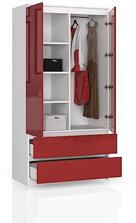 BDW Kleiderschrank mit 2 Türen und 4 Einlegeböden - Kleiderbügel - 2 Schubladen - Oberfläche Glanz - Kleiderschrank für das Schlafzimmer Wohnzimmer Diele - 180x90x51cm - Weiß/Rot