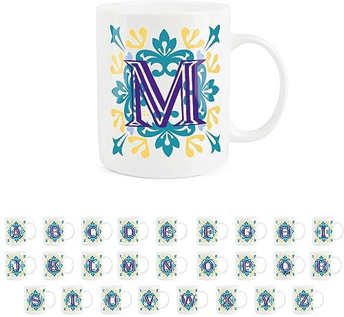 Purely Home Moroccan Tile Yellow & Blue Letter M Mug - White Initial Personalised Alphabet Tea Coffee Bone China Mug