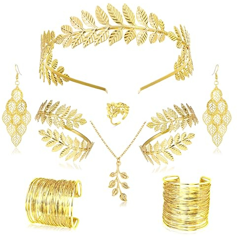 LOFITOR Griechische Göttin Schmuck Set Gold Kostüm Toga Accessoires Damen | 9Pcs Goldene Lorbeerkrone, Kopfband, Armreif, Armband, Perlenohrringe, Halskette & Ring, Cosplay, Party & Hochzeit