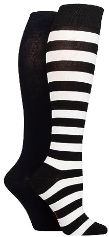 SockShop Bamboo Knee High Socks - Womens Long Socks in Plain and Striped Designs, Fun, Fashionable in Bright Colours, Soft and Breathable for Comfort, Pack of 2 Pairs Size 4-8 Black/White Stripe 4-8