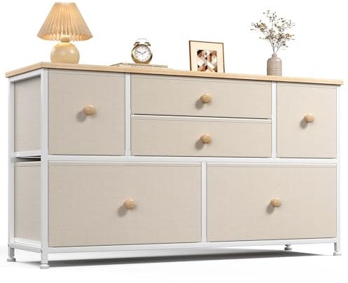 EnHomee Chest of Drawers Bedroom with 6 Large Capacity Drawers, Fabric Drawers Storage Unit Wide Dresser Drawers for Bedroom Storage, Closet, Living Room with Wood Top and Sturdy Metal Frame, Beige