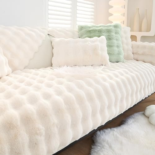 Georcep Thick Rabbit Plush Sofa Cushion - 2024 NewFaux Fur Non Slip Sectional Couch Cover (E-Milk White,110 * 210cm/43.3 * 82.7in)