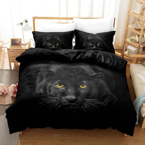 OaKita Tier Motiv Bettwäsche Set Löwe Tiger Wolf Schwarz Leopard 3D Mikrofaser Tier Thema Bedruckte Betten für Kinder Bettbezug mit Kissenbezug 80x80cm (A02,200x200cm/80x80cm)