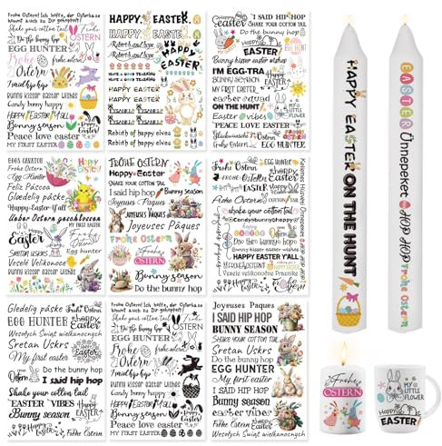 9PCS Kerzentattoos Ostern,Osterhase Kerzenaufkleber Kerzen Tattoos,DIY Wasserschiebefolie Kerzen,Aufkleber für Osterkerzen Wassertransferdruck,Ostermotive Adventskerze Dekorieren,für Kerzen/Keramik