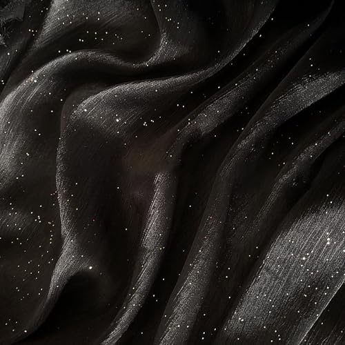 Whakano 2m Glänzend Sternenhimmel Druck Organza Stoffe zum Nähen Meterware,Chiffon Stoff 150cm Breit,Plissierter Stoff Tüll,für Nähen Basteln,Gardine Vorhänge,Kostüm Kleid Bekleidung,Schwarz