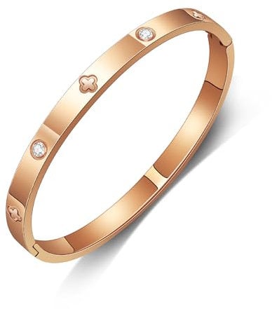 GILIEYER Gold Plated Love Friendship Bracelet, Stainless Steel Cubic Zirconia Bracelet Bangle Cuff Dainty Clover Bracelets for Women Girls (19, Clover-Rose Gold)