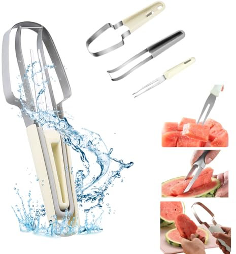 Ruayia 3-in-1 Watermelon Slicer, Melon Slicer, Stainless Steel, Watermelon Ice Lolly Cutter Cutting Tool - White
