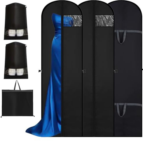 3 Stück Kleidersack Lang 180 cm Kleidersäcke - Kleidersäcke Kleiderhülle Kleiderschutzhülle mit Reißverschluss Griffen Sichtfenster Faltbare für brautkleid Mäntel Anzug Abendkleider Schwarz 180x60cm