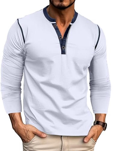 Ophestin Men's Long Sleeve Henley Shirt Casual T Shirts Plain Shirt Slim Fitted T Shirts Tops White L