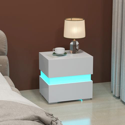 COSTWAY Table de Chevet Laquée 2 Tiroir, Table de Nuit Lumineuse Télécommandée, 22 Modes, 5 Luminosités, 10 Vitesses, Panneaux Acryliques, Table d’Appoint pour Chambre, Salon (Blanc)