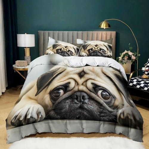 Haustier Bettwäsche Tier Mops 135x200 Bettwäsche Set Weiche Mikrofaser Bedruckte Bettbezug mit Reißverschluss und 2 Kissenbezüge für Jungen Mädchen Raumdekor