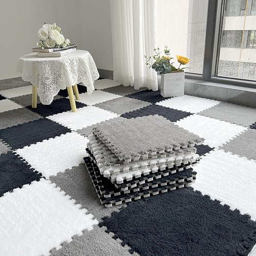 MIAOSHUANG 12 PCS Interlocking Foam Mats,Fluffy Carpet Tiles Plush Area Rug,60X60X1cm Interlocking Puzzle Floor Mat Soft Crawling Playmat Floor Tiles,Bedroom EVA Foam Mat,Black+gray+white