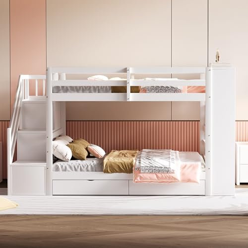 Moimhear Letto a castello 90x200 cm, scala di sicurezza con vani portaoggetti, cassetti portaoggetti e ampi armadietti, struttura alta recinzione, rete a doghe, letto in pino (bianco)