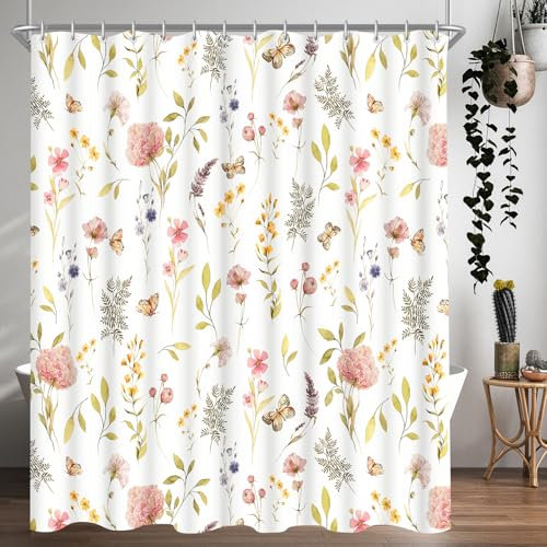 Lerores Tenda da doccia 200 x 200 cm, fiore rosa, orlo zavorrato, tessuto antimuffa, impermeabile, lavabile, in poliestere, per bagno, vasca da bagno, con 12 anelli per tenda da doccia