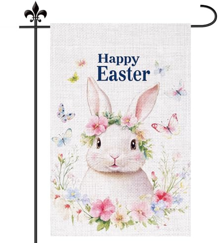 Ostern Flagge, 30 x 45cm Doppelseitig Süß Hasenflagge Schild Blumen Frühlingsgartenflaggen für Saisonale Außenbereiche Hof Feiertage Haus Dekorationen (Frohe Ostern)