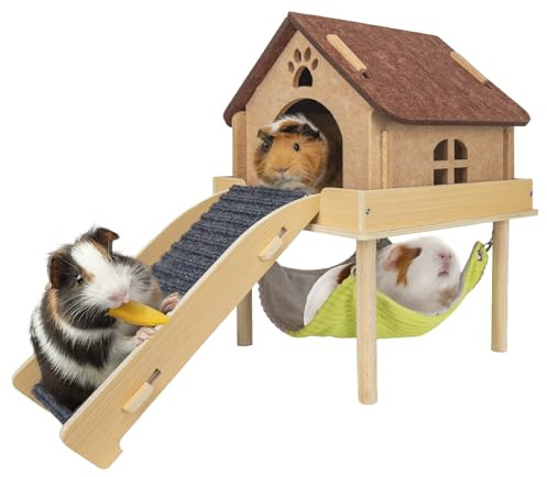 BESNEW 3 in 1 Enlarged Guinea Pig Hammock,Wooden Guinea Pig Hideout with House & Platform & Stairs Small Animal Toys for Hiding Sleeping Activities