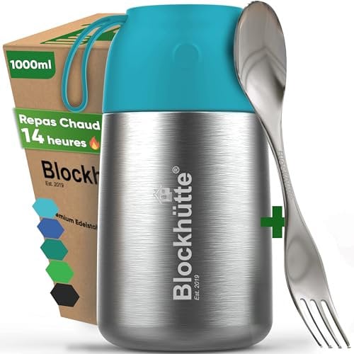 Blockhütte Edelstahl Thermobehälter I 1L l Essen warmhalten Behälter, auslaufsicher I Thermos Essensbehälter mit Göffel für Kinder und Erwachsene - Wärmebehälter für Speisen - Türkis