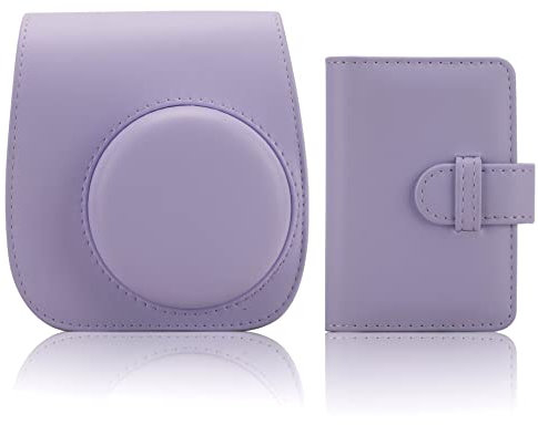 QICNMFA Kamera Tasche Kompatibel mit Fujifilm Instax Mini 12 11 9 8 8+ Sofortbildkamera PU Leder Kameratasche mit 28 Taschen Mini Fotoalbum und Verstellbarem Schulterriemen (Flieder Lila)